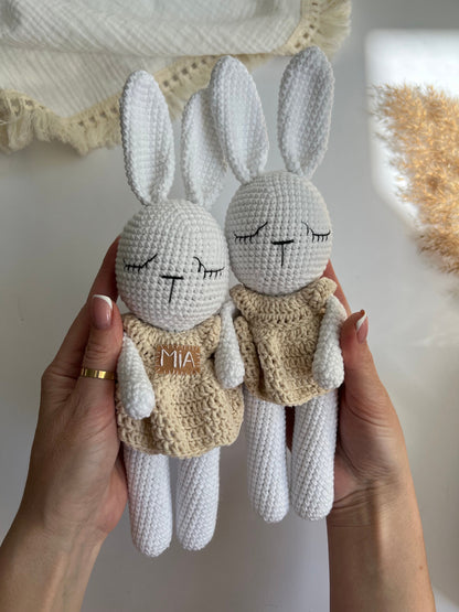 Personalized crochet animal bunny, first Christmas gift, organic baby toys, toddler holiday gift, soft stuffed rabbit toy, gift for niece
