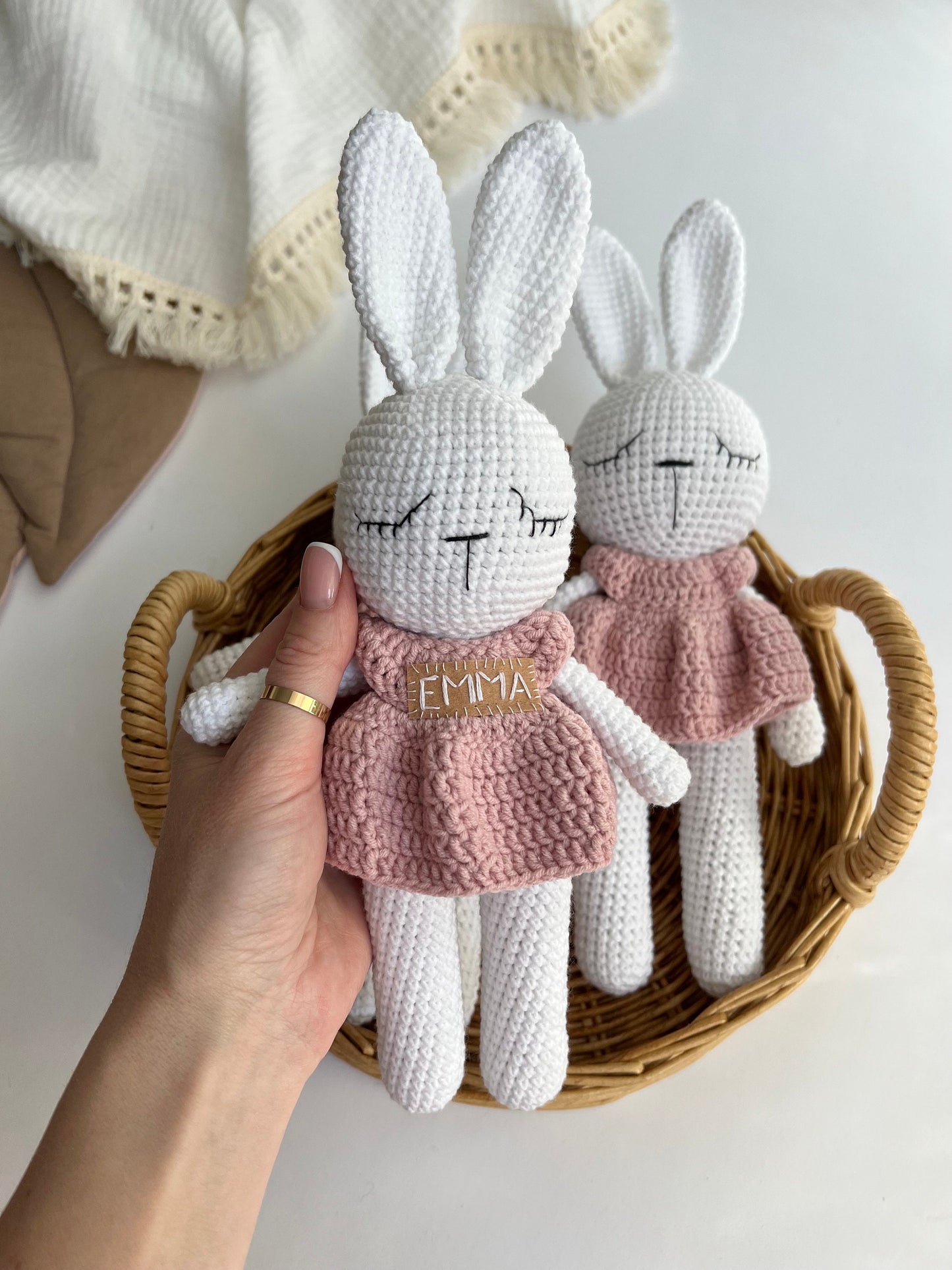 Personalized crochet animal bunny, first Christmas gift, organic baby toys, toddler holiday gift, soft stuffed rabbit toy, gift for niece