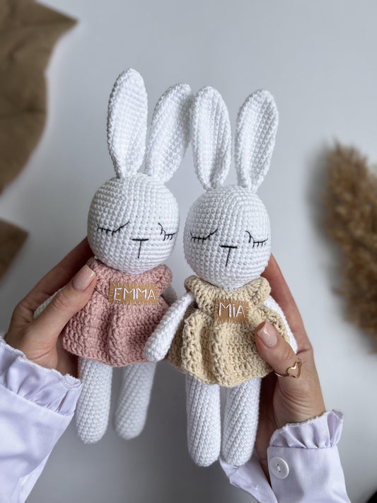 Personalized crochet animal bunny, first Christmas gift, organic baby toys, toddler holiday gift, soft stuffed rabbit toy, gift for niece
