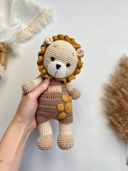 Eco-friendly crochet lion plush, personalized safari animal toy, custom small lion amigurumi, boho nursery decor, baby shower gift idea