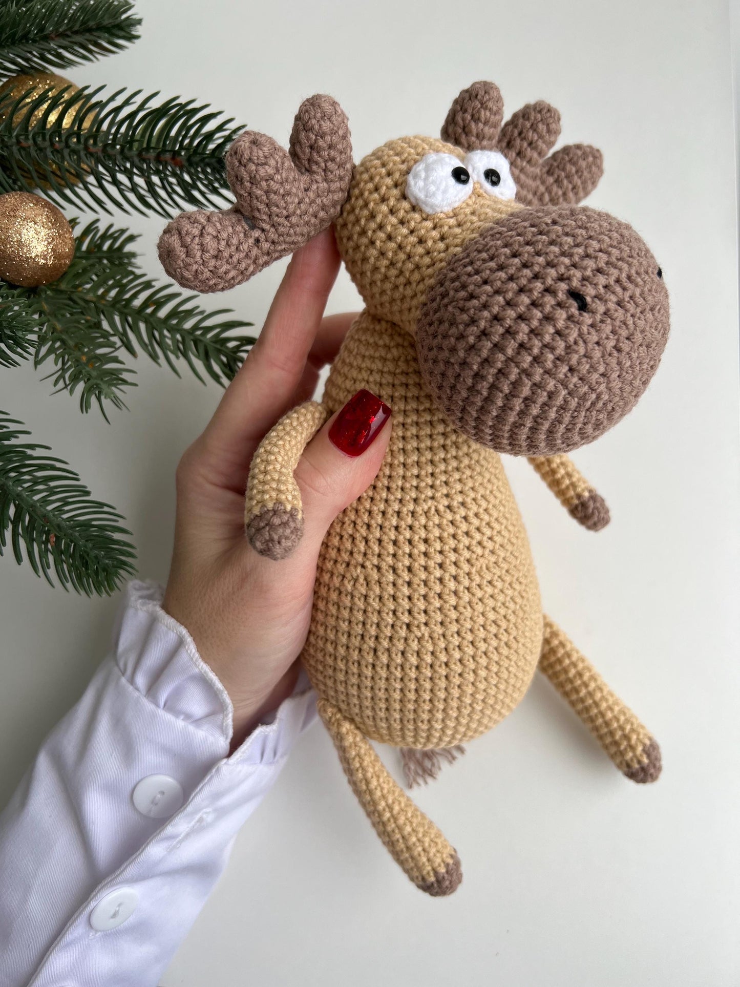 Baby first Christmas crochet moose toy, handmade deer amigurumi, nephew holiday gift, cute moose amigurumi toy, soft forest animal
