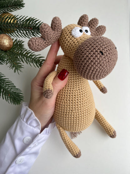 Baby first Christmas crochet moose toy, handmade deer amigurumi, nephew holiday gift, cute moose amigurumi toy, soft forest animal