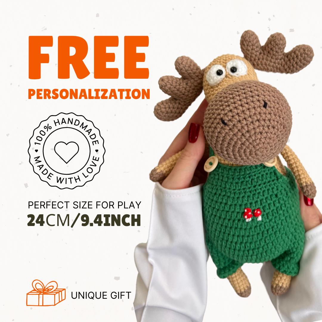 Baby first Christmas crochet moose toy, handmade deer amigurumi, nephew holiday gift, cute moose amigurumi toy, soft forest animal