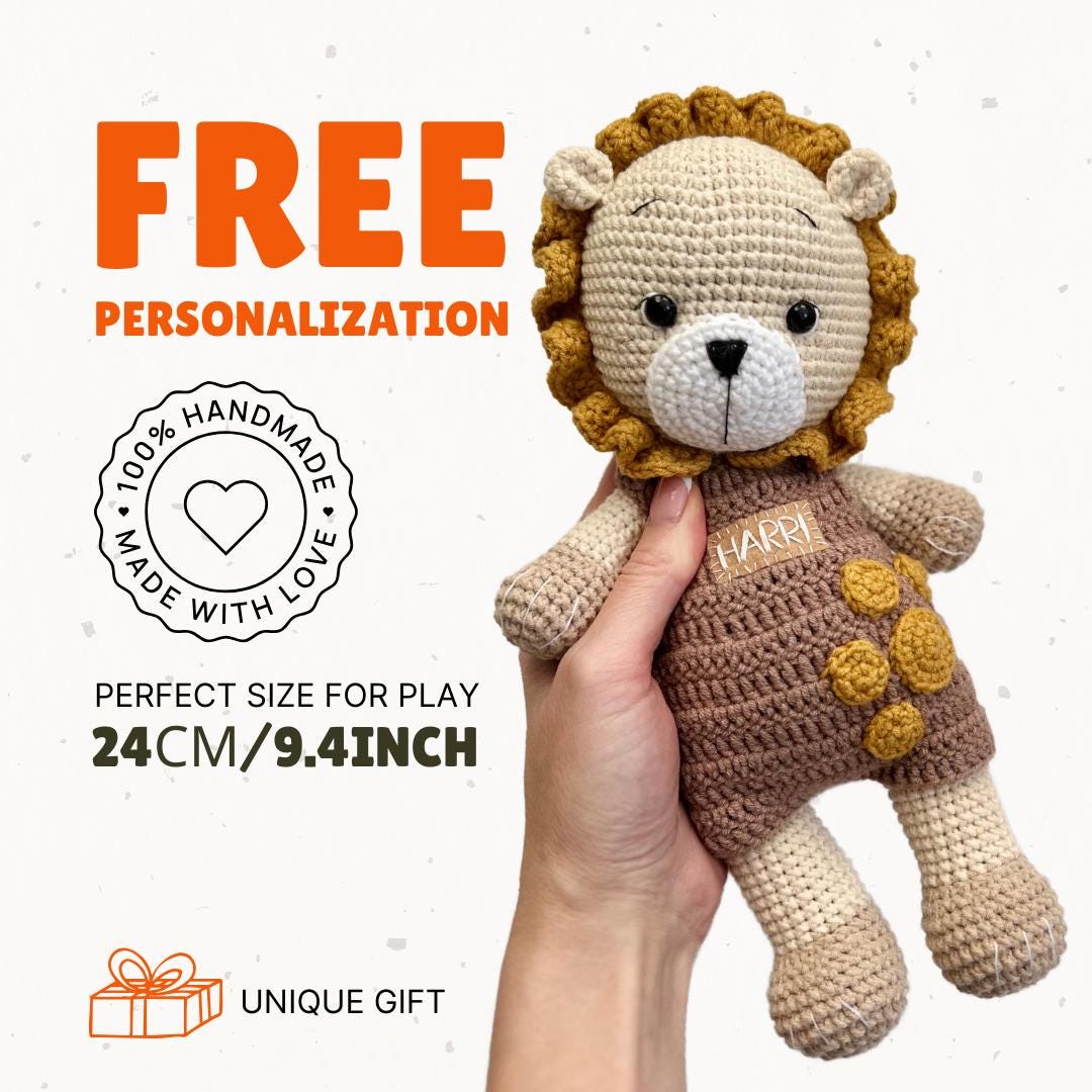 Personalized cute crochet lion, first Christmas gift, soft stuffed amigurumi lion, organic baby toys, holiday gift, safari crochet animals