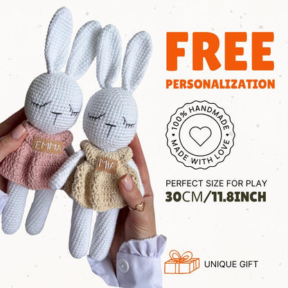 Personalized crochet animal bunny, first Christmas gift, organic baby toys, toddler holiday gift, soft stuffed rabbit toy, gift for niece