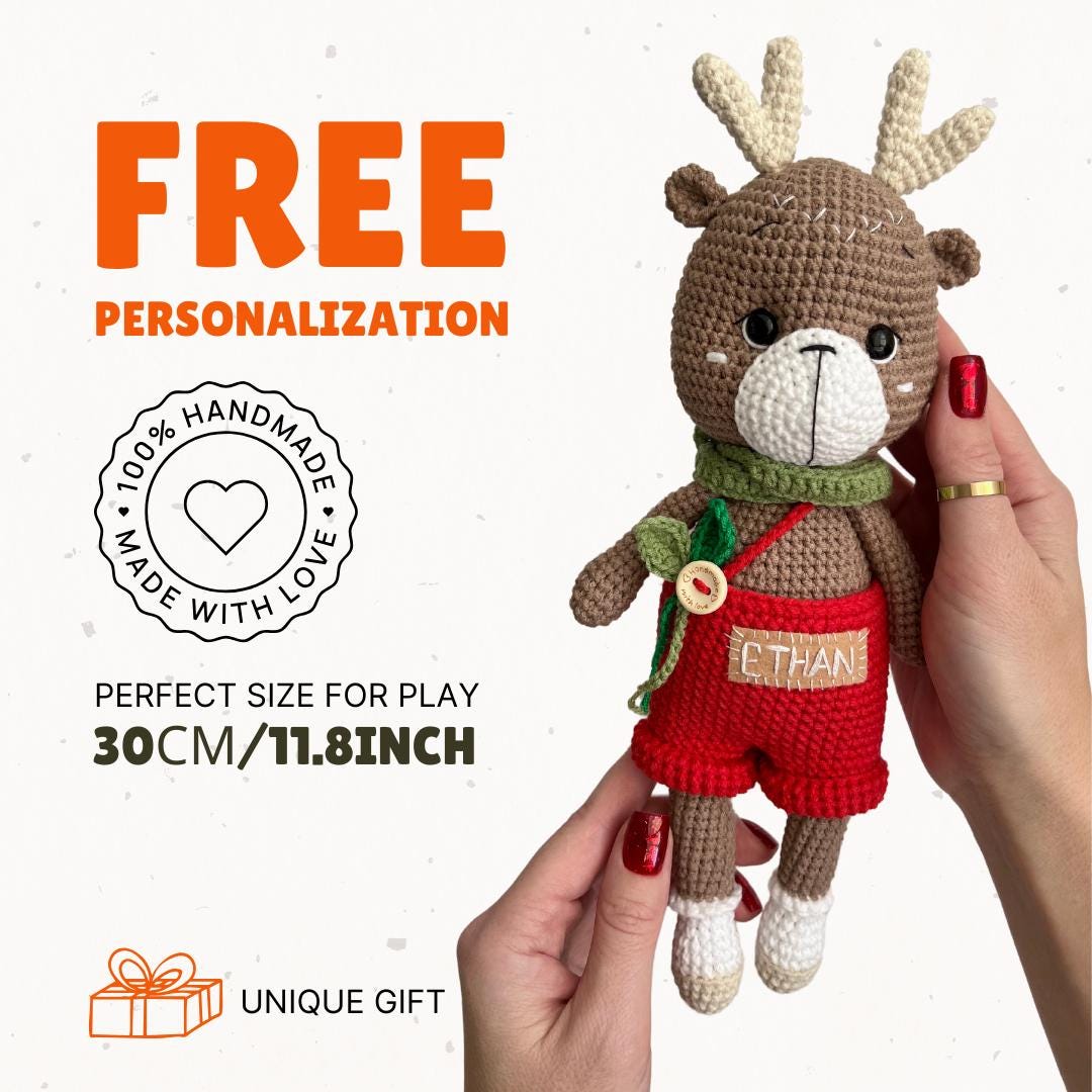Baby Christmas crochet deer, forest reindeer amigurumi, handmade Christmas moose, new year son gift, nephew Christmas gift