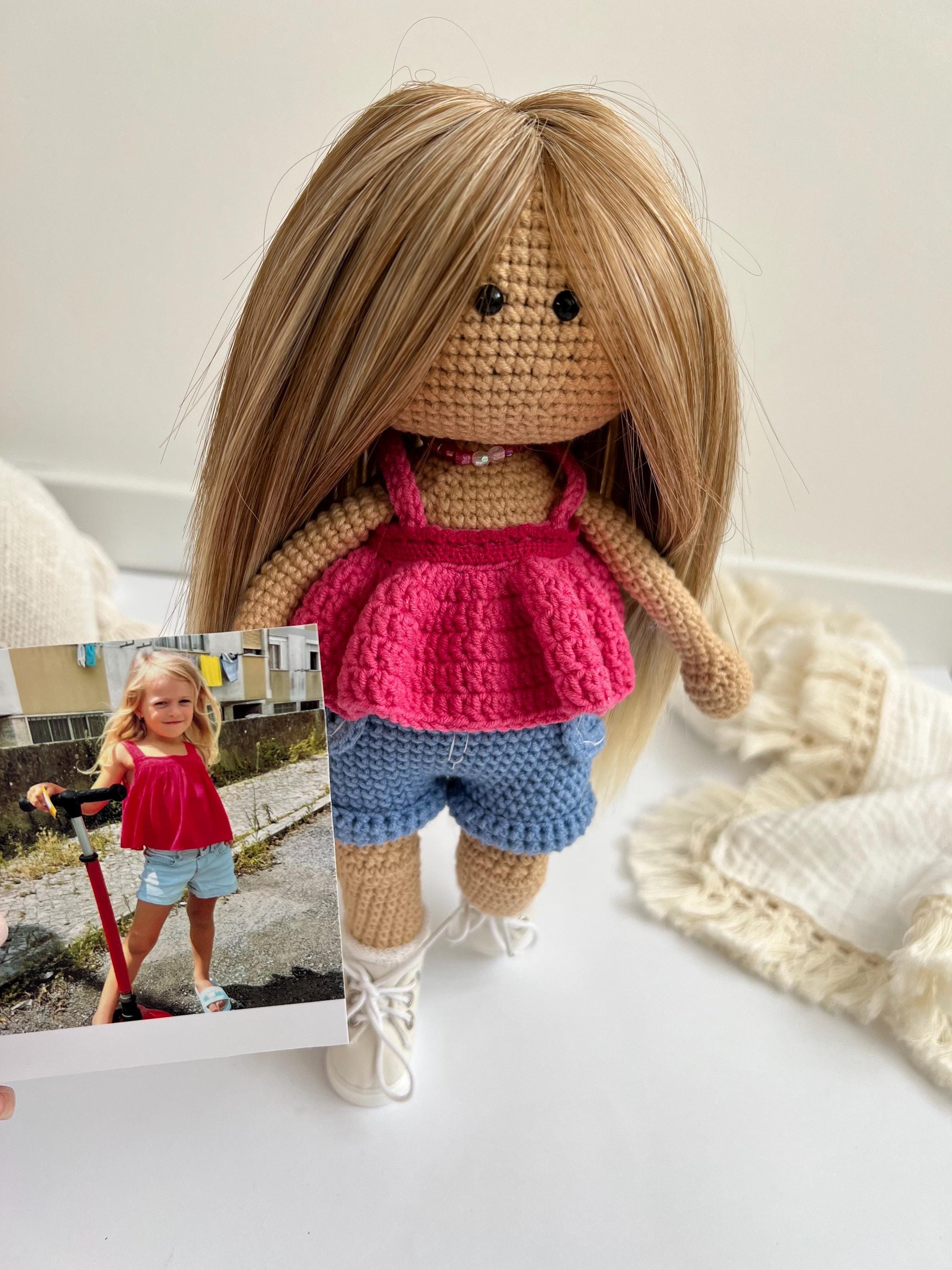 Personalized crochet doll from photo, cute plush baby doll, organic amigurumi toys, handmade girl nursery decor, little sister gift ideas