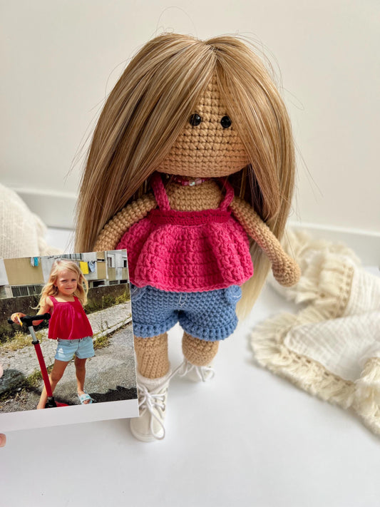 Personalized crochet doll from photo, cute plush baby doll, organic amigurumi toys, handmade girl nursery decor, little sister gift ideas