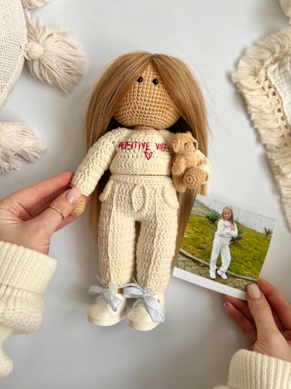 Baby first Christmas personalized crochet doll, custom portrait doll from photo, niece Christmas gift, teacher holiday gift, nursery decor