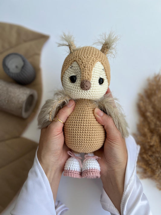 Organic plush owl toy, crochet owl amigurumi, bird lover gift, handmade soft stuffed baby toys, teacher gift idea, boho nursery decor