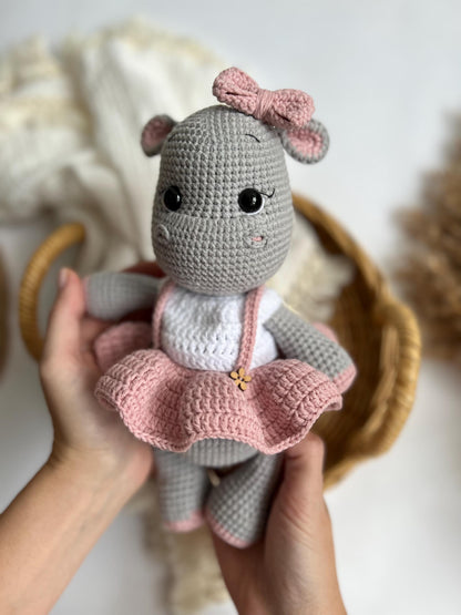 Handmade crochet behemoth, amigurumi hippo toy, first Christmas gift, girl nursery decor
