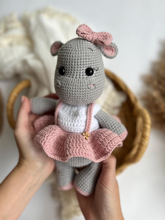 Handmade crochet behemoth, amigurumi hippo toy, first Christmas gift, girl nursery decor