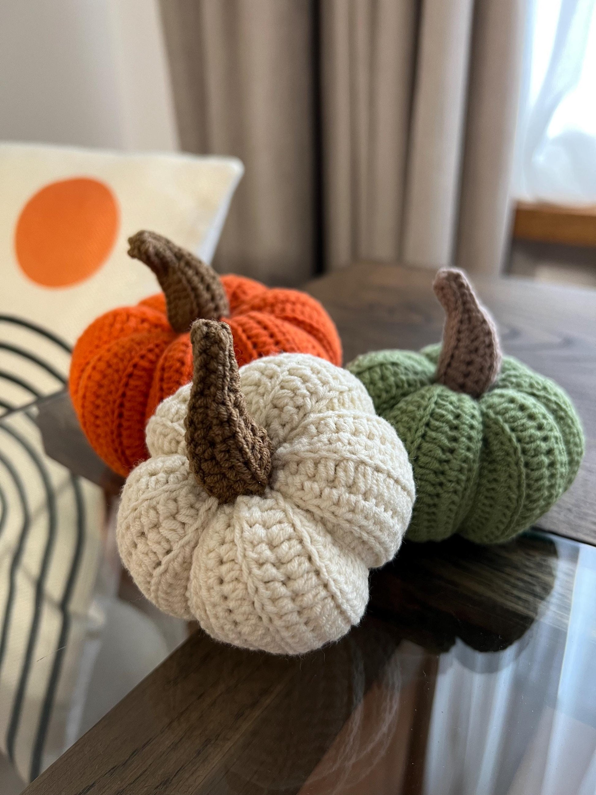 Crochet Halloween set of 3 stuffed pumpkins, fall home decor, handmade Halloween pumpkins, thanksgiving table centerpiece