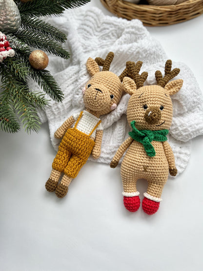 Winter Christmas crochet reindeer, handmade moose amigurumi, first Christmas gift, custom plush deer, gift for twins, organic baby toys