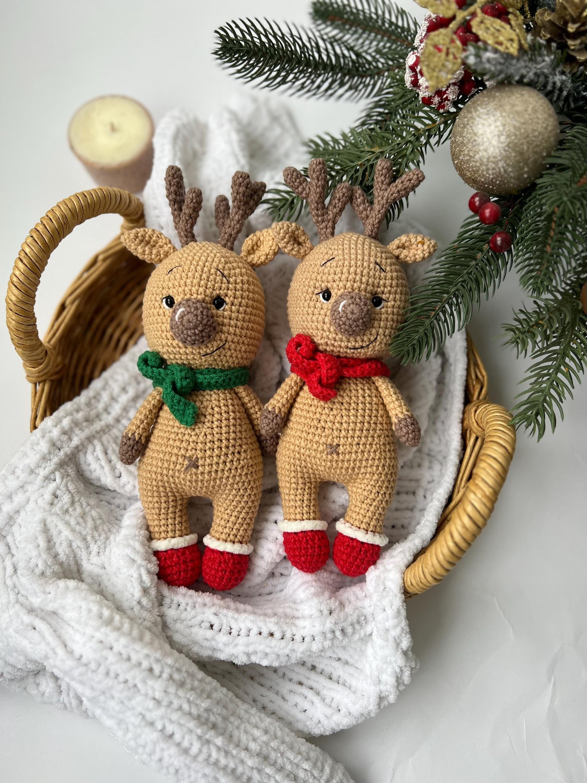 Cute crochet winter reindeer, handmade deer amigurumi, first Christmas gift, gift for twins, boho nursery decor, baby Holidays gift