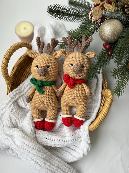 Cute crochet winter reindeer, handmade deer amigurumi, first Christmas gift, gift for twins, boho nursery decor, baby Holidays gift