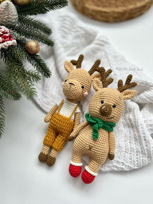 Cute crochet winter reindeer, handmade deer amigurumi, first Christmas gift, gift for twins, boho nursery decor, baby Holidays gift