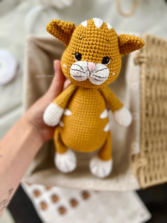 Ginger crochet cat toy, handmade cute chubby cat amigurumi, niece first Christmas gift, kitty stuffed animal, cat lover gift