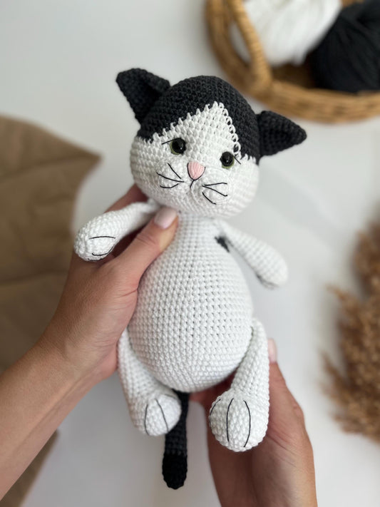 Custom crochet chubby tuxedo cat amigurumi, first Christmas gift, handmade organic toys, kitty soft stuffed animal, cat lover gift