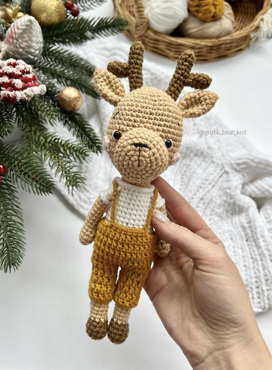 Winter Christmas crochet reindeer, handmade moose amigurumi, first Christmas gift, custom plush deer, gift for twins, organic baby toys