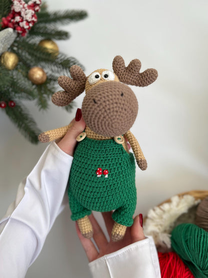 Baby first Christmas crochet moose toy, handmade deer amigurumi, nephew holiday gift, cute moose amigurumi toy, soft forest animal