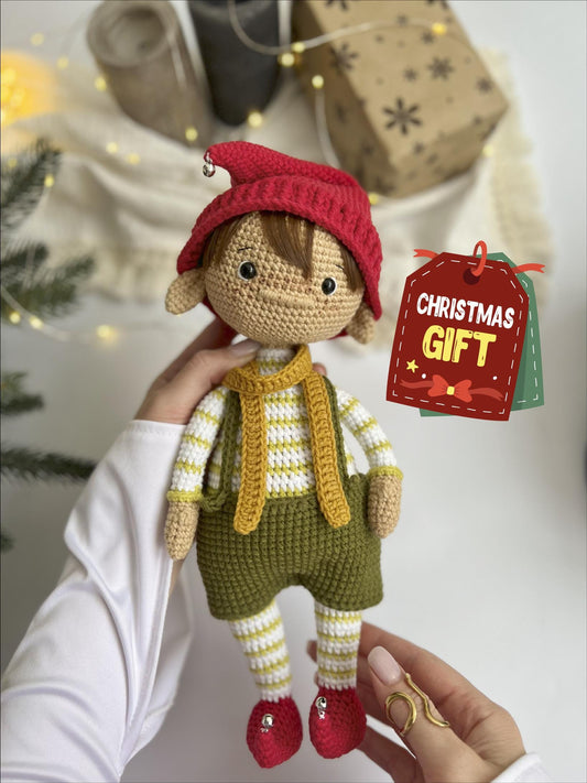 Handmade crochet little Santa helper, Christmas elf doll amigurumi toy, black Friday sale, best nephew holiday gift, custom organic baby toy