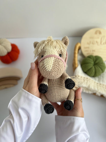 Soft stuffed horse amigurumi toy, new year 2025 gift, crochet horse race toy, organic baby toys, handmade custom farm animals