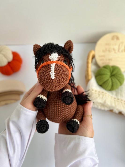 Soft stuffed horse amigurumi toy, new year 2025 gift, crochet horse race toy, organic baby toys, handmade custom farm animals