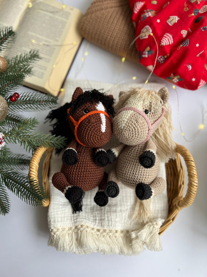 Soft stuffed horse amigurumi toy, new year 2025 gift, crochet horse race toy, organic baby toys, handmade custom farm animals