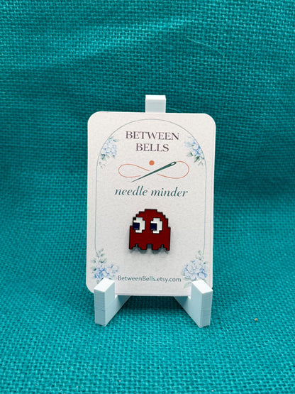 Deep Red Pixel Ghost Needle Minder | Retro Arcade Magnetic Holder for Stitching