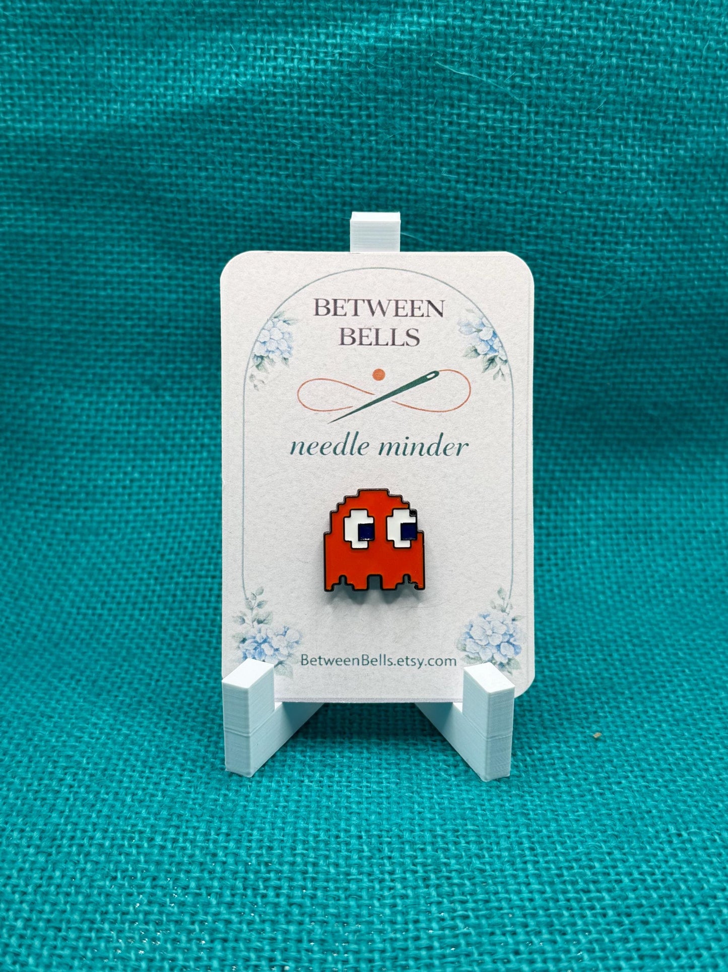 Orange/Red Pixel Ghost Needle Minder | Retro Arcade Magnetic Holder for Stitching