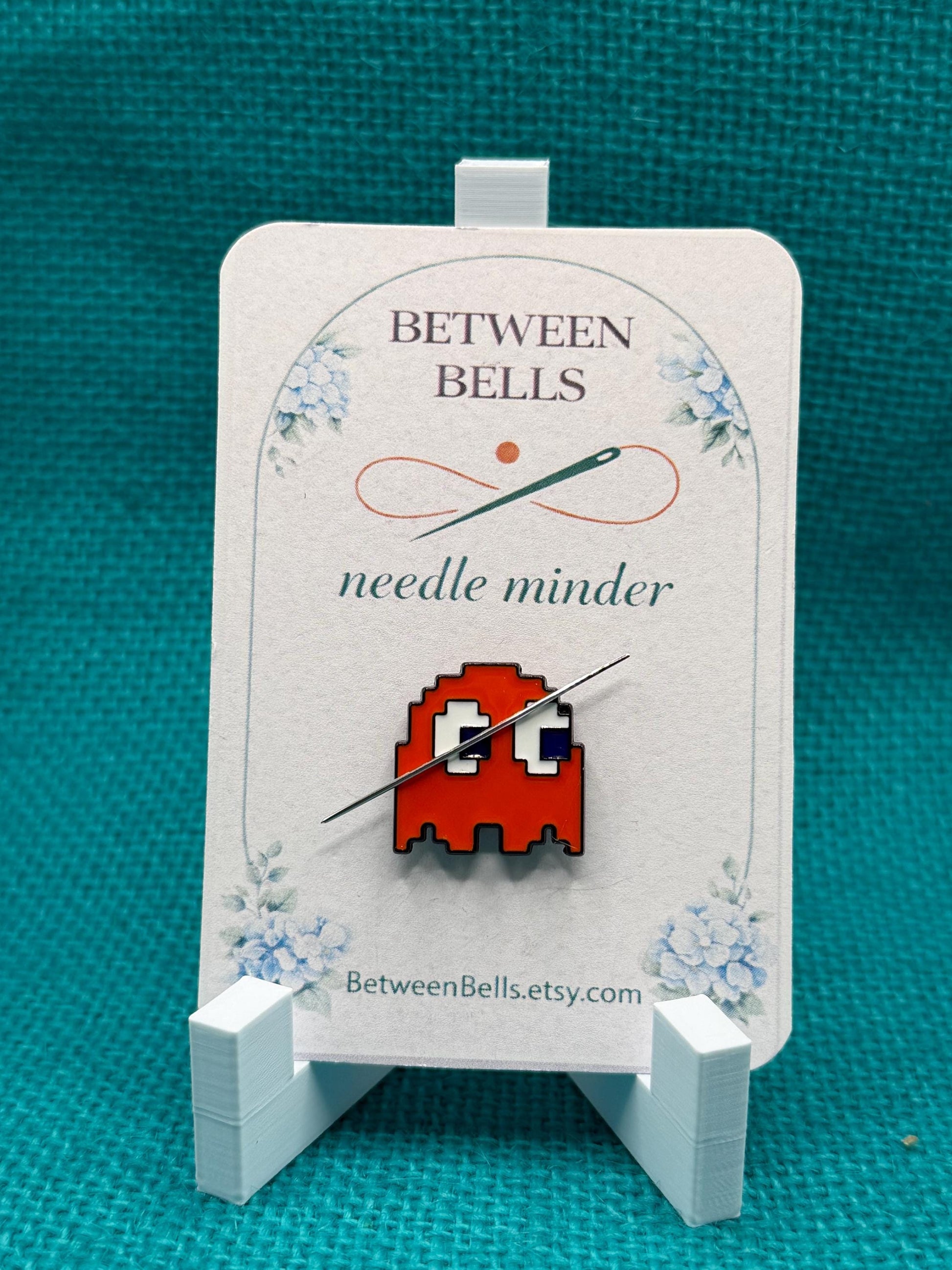Orange/Red Pixel Ghost Needle Minder | Retro Arcade Magnetic Holder for Stitching
