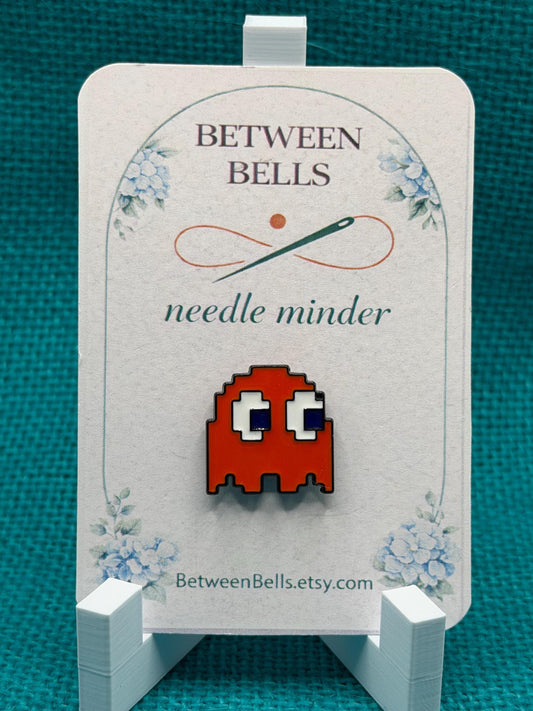 Orange/Red Pixel Ghost Needle Minder | Retro Arcade Magnetic Holder for Stitching
